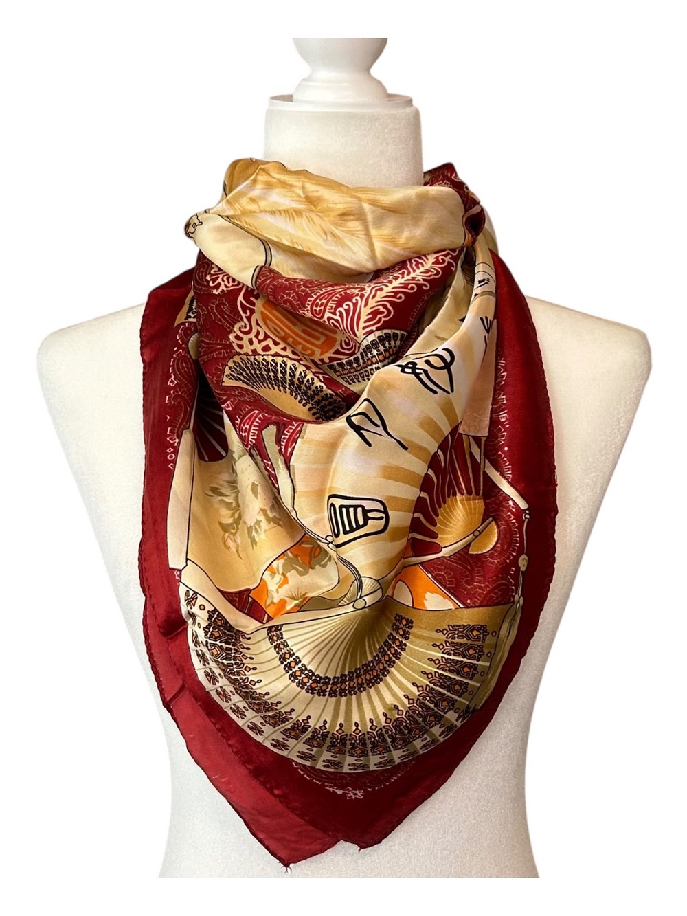 Traditional Japanese Wildlife & Fans 100% Silk Square Oversized Head Scarf Red